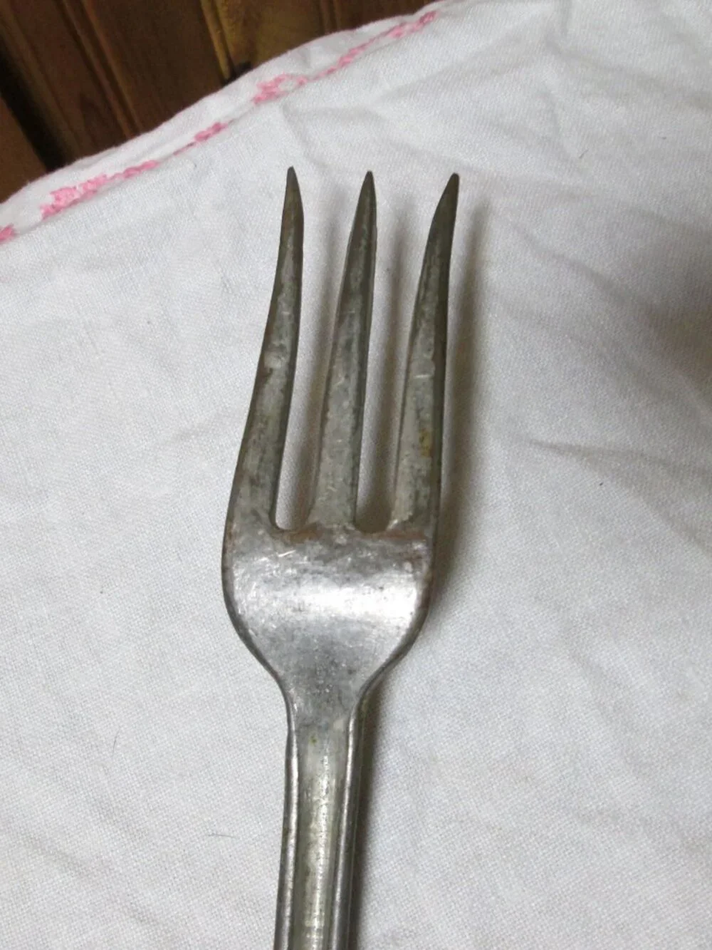 antique cast iron meat kettle fork 3 prong hallmarks signed back 12.5 in